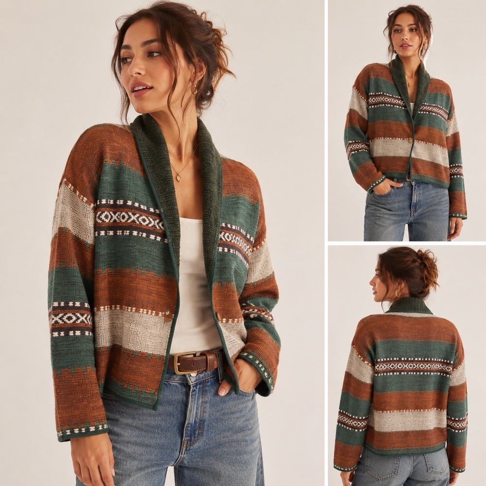 Vintage Brown, Forest Green & Cream Striped Knit Jacket